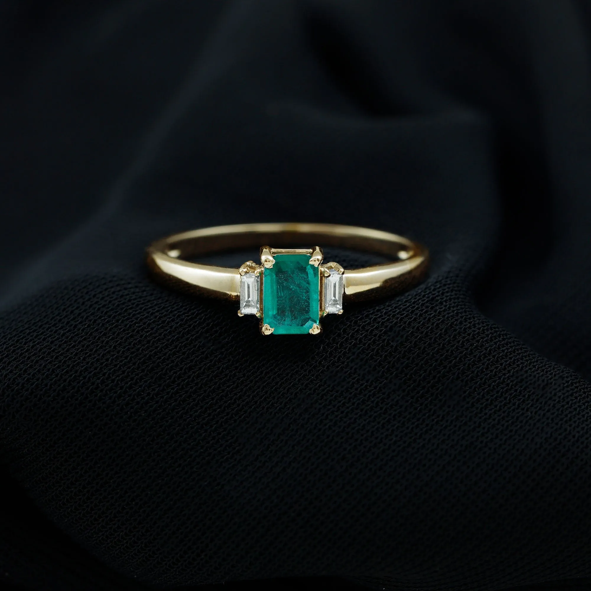 1 CT Octagon shape Emerald and Diamond Three Stone Promise Ring