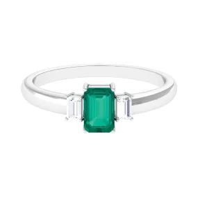 1 CT Octagon shape Emerald and Diamond Three Stone Promise Ring