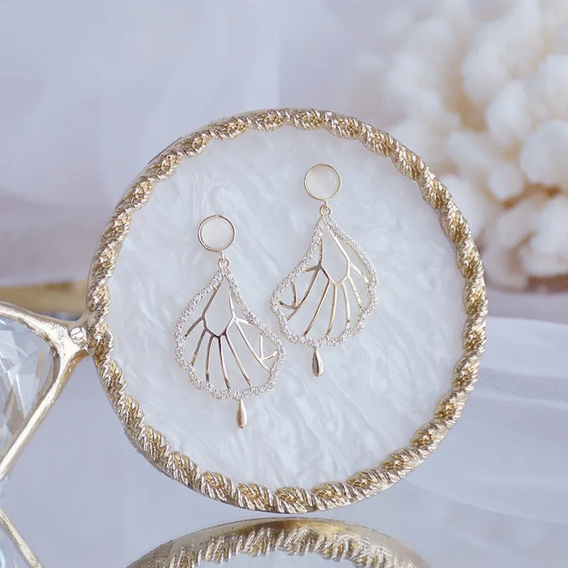 14K Real Gold Plated Leaves Earring Delicate Micro Inlaid Cubic Zircon CZ Stud Earrings Wedding Jewelry Pendant