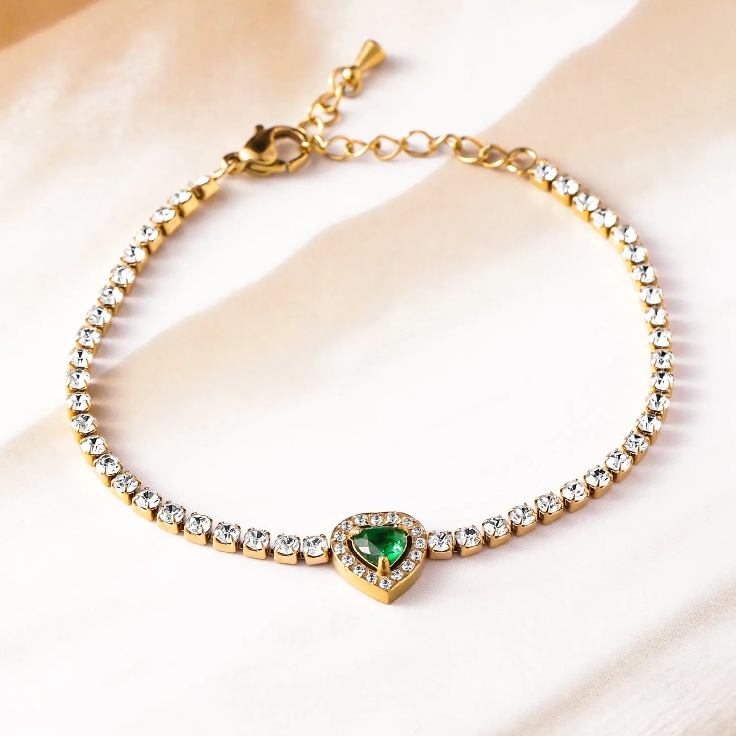 18K Gold-Plated Stainless Steel Tarnish-Free Waterproof Emerald & CZ Heart Bracelet