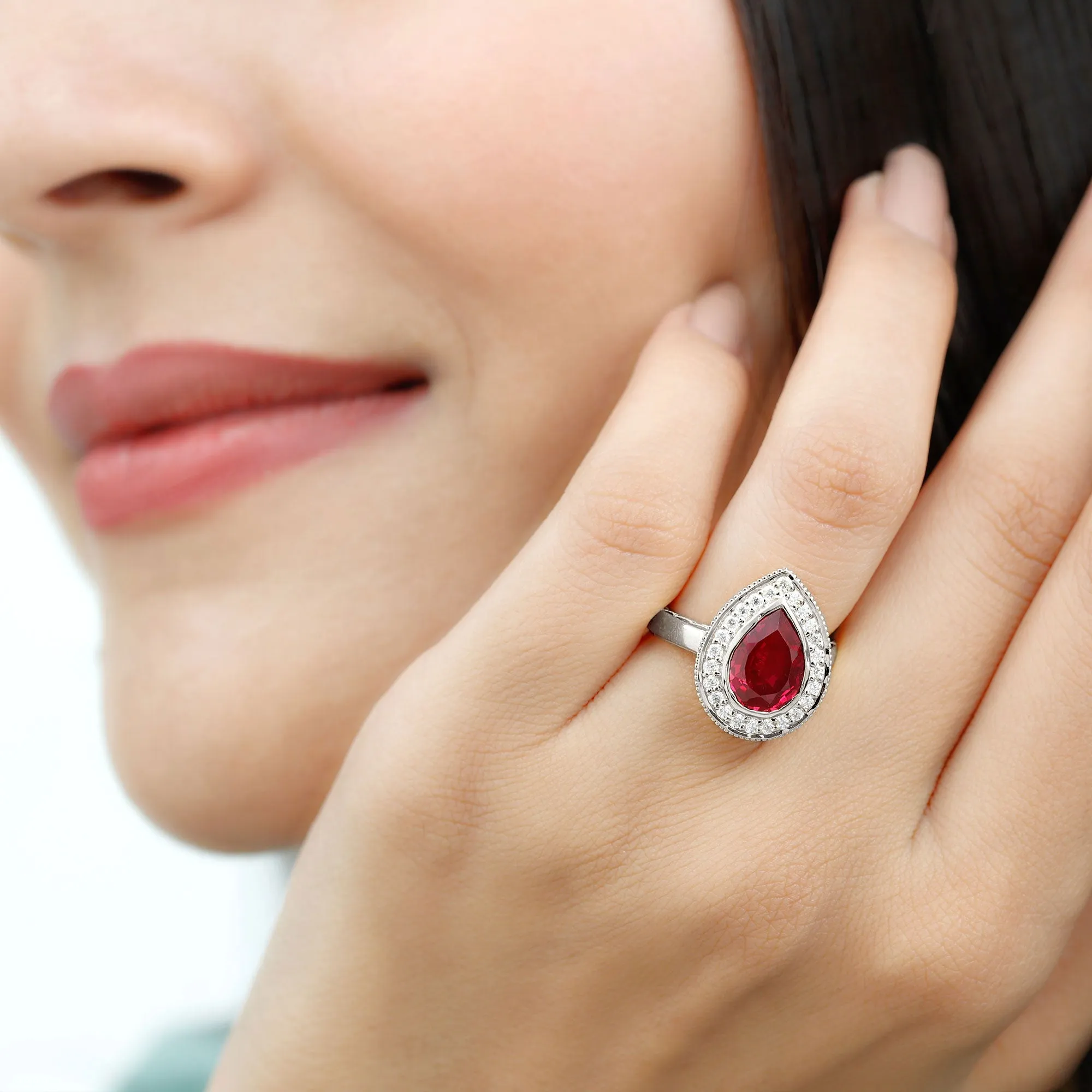 2 CT Pear Cut Created Ruby Solitaire Engagement Ring with Diamond Halo