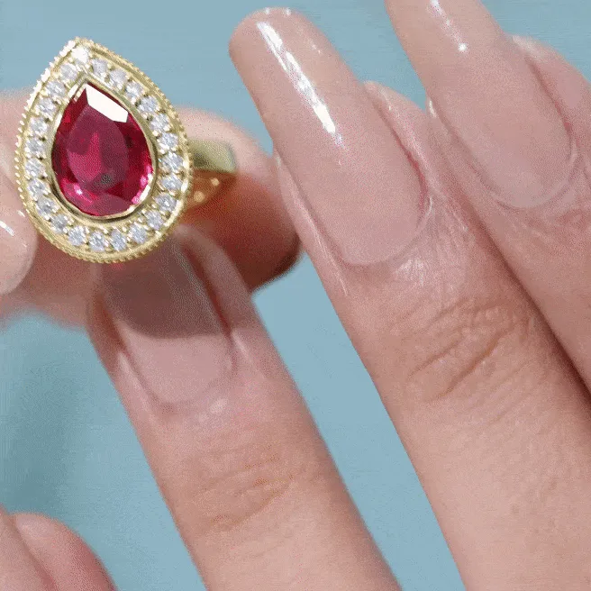 2 CT Pear Cut Created Ruby Solitaire Engagement Ring with Diamond Halo