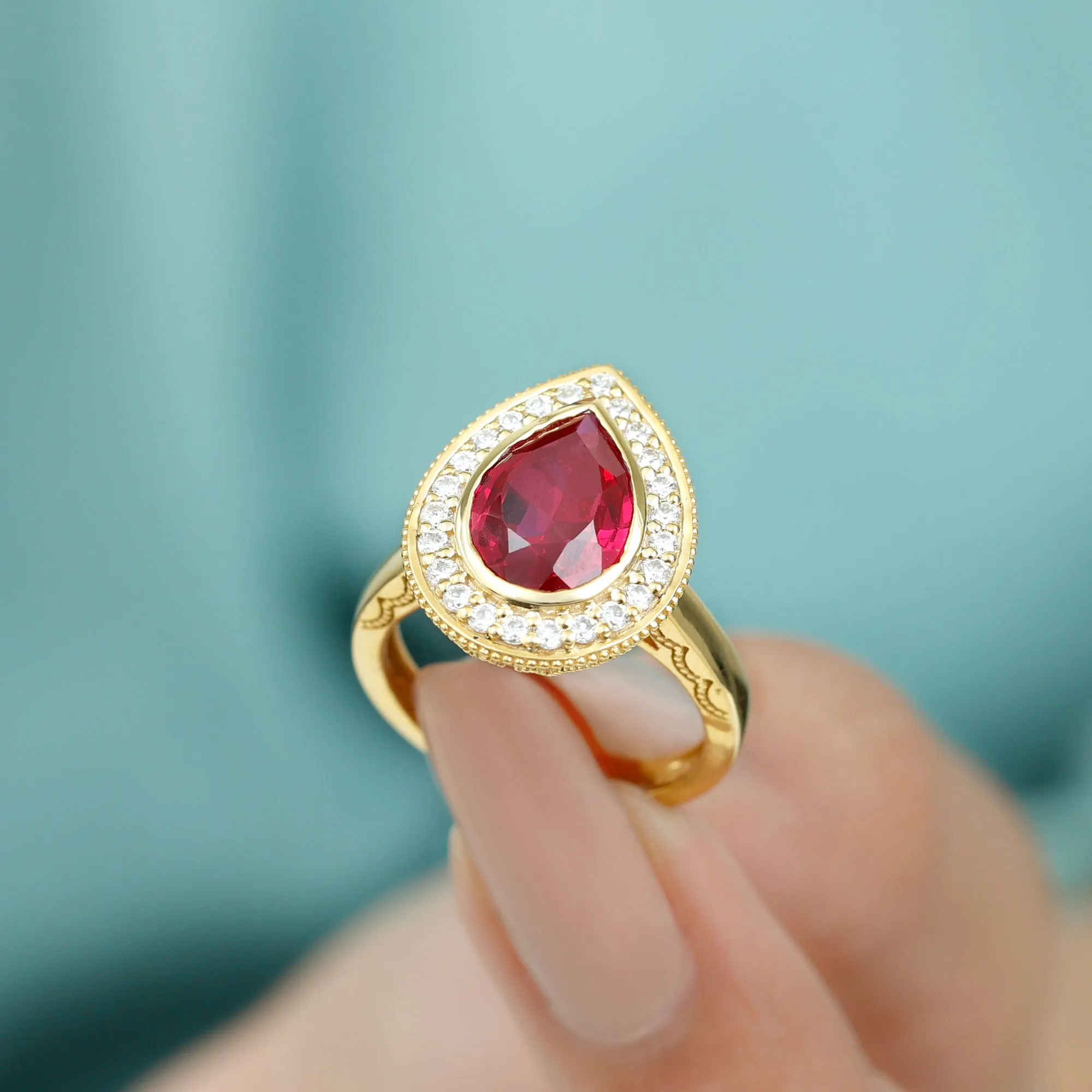 2 CT Pear Cut Created Ruby Solitaire Engagement Ring with Diamond Halo