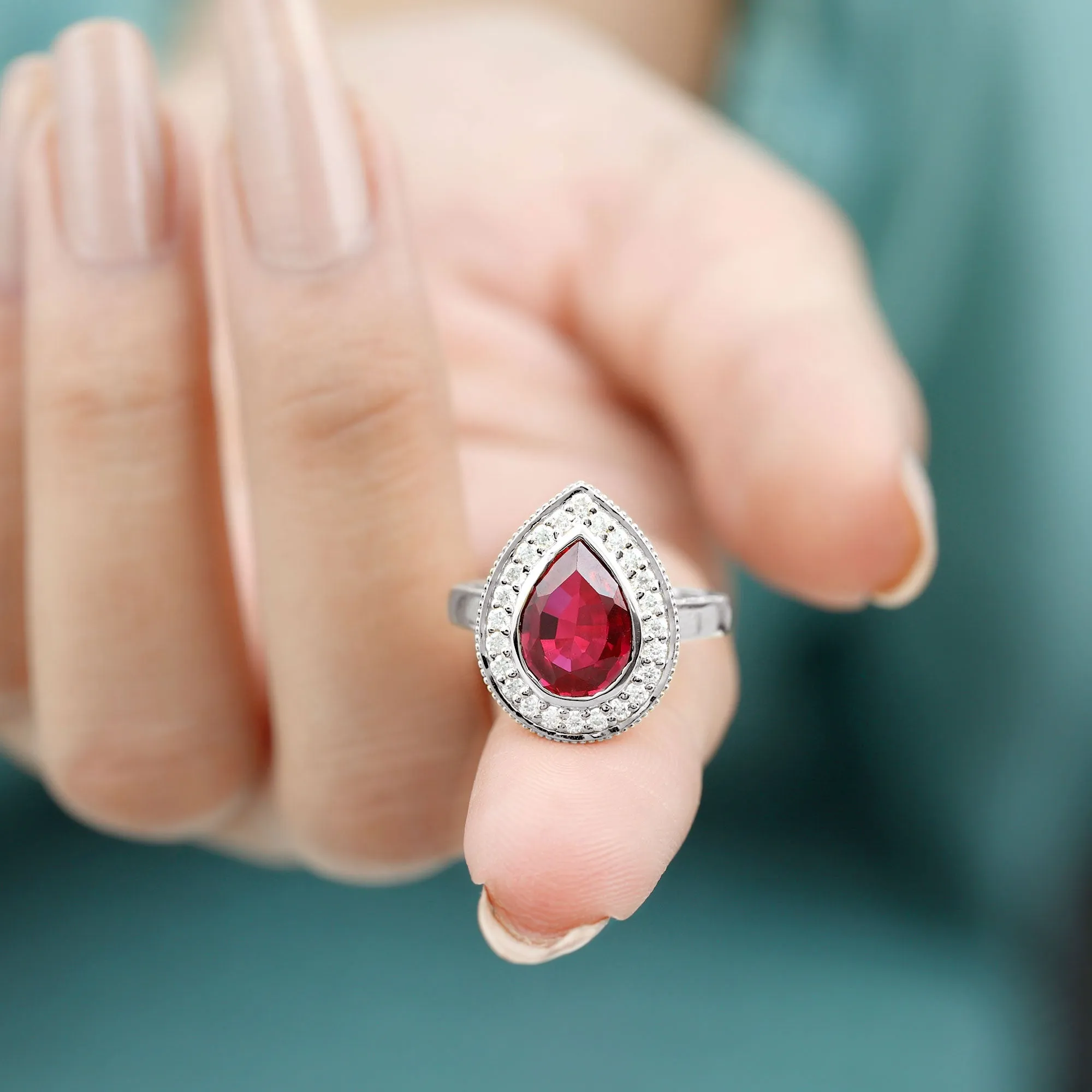 2 CT Pear Cut Created Ruby Solitaire Engagement Ring with Diamond Halo