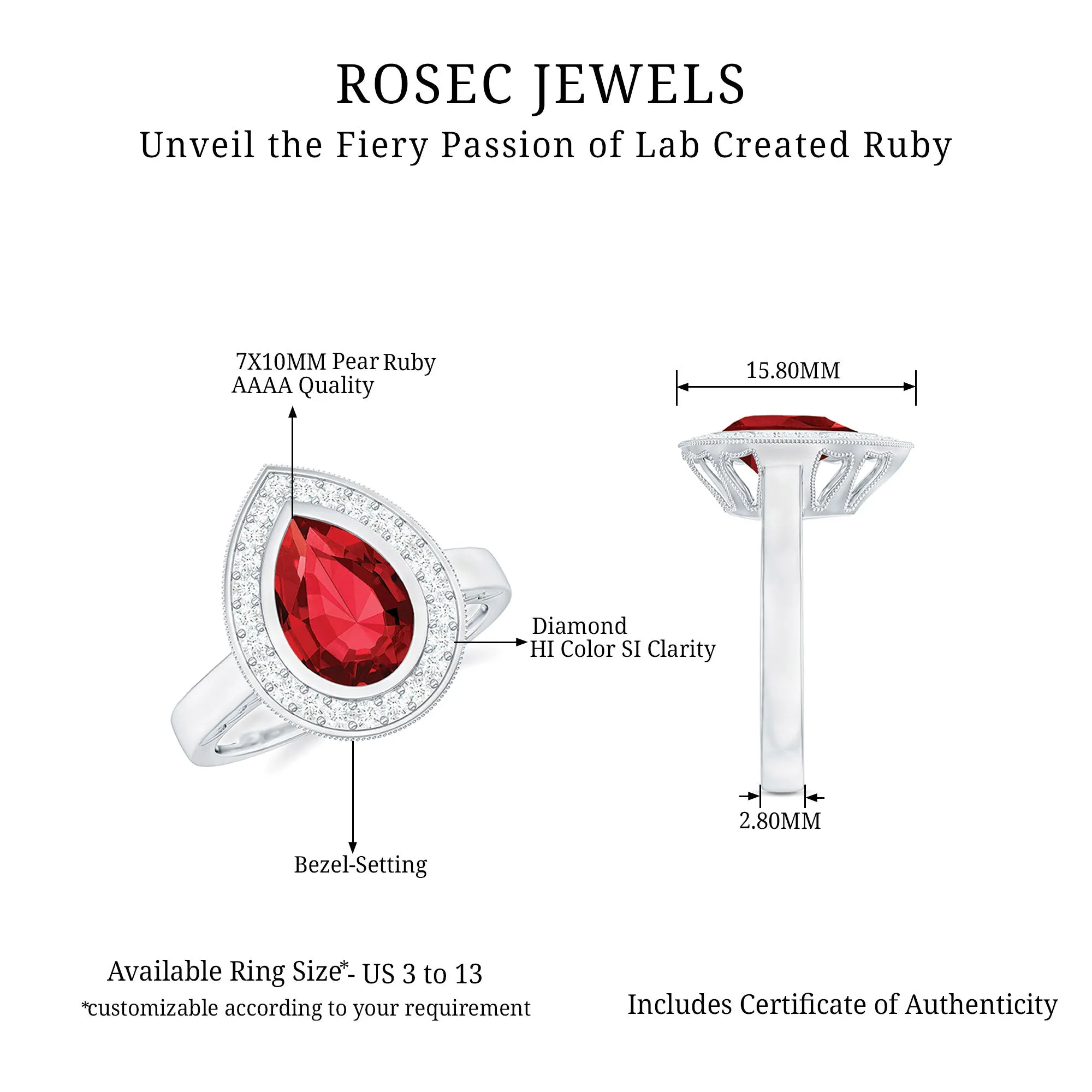 2 CT Pear Cut Created Ruby Solitaire Engagement Ring with Diamond Halo