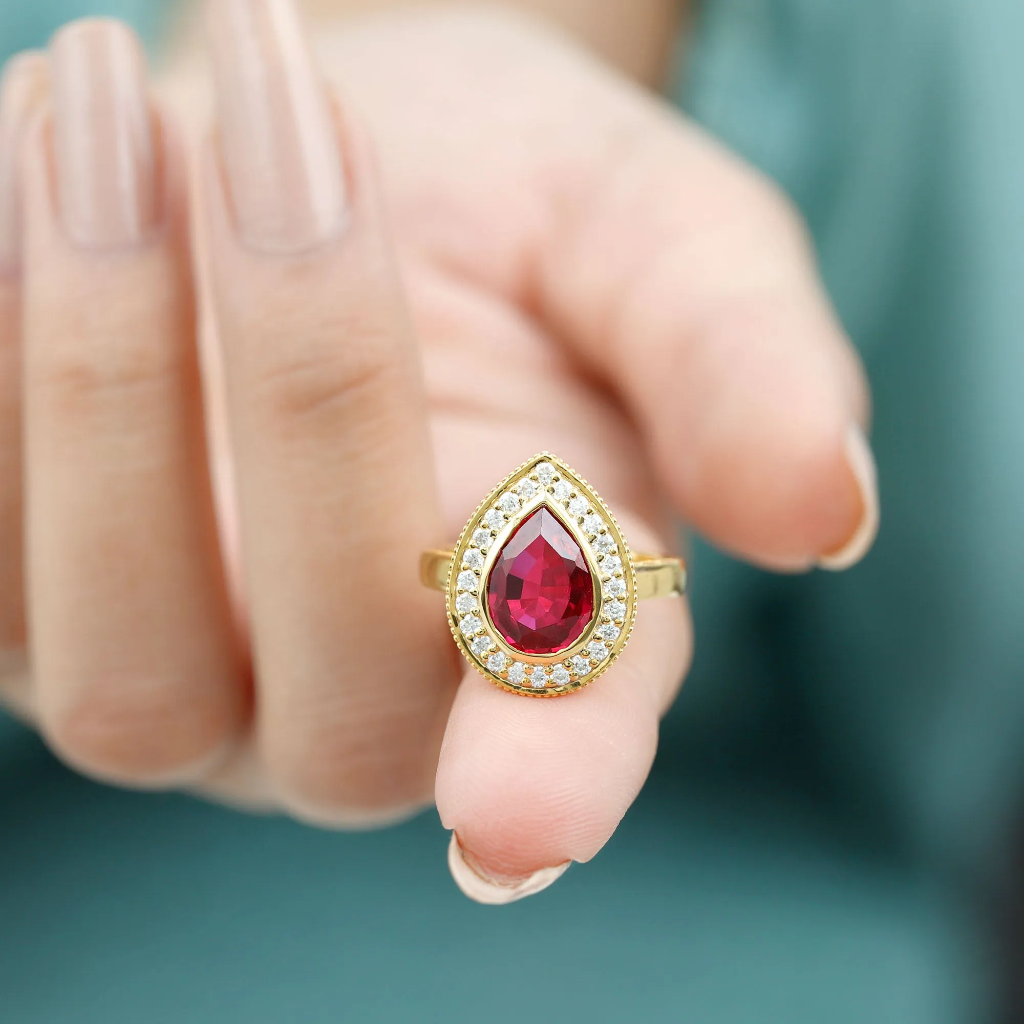 2 CT Pear Cut Created Ruby Solitaire Engagement Ring with Diamond Halo