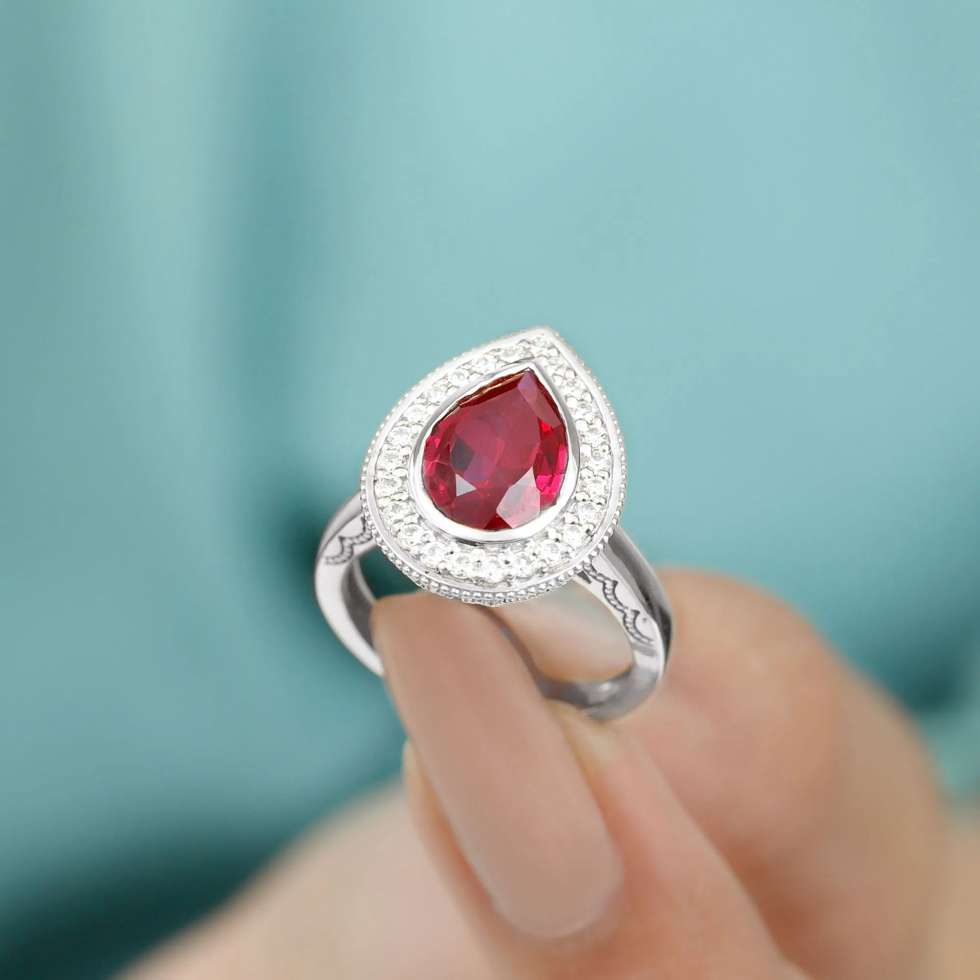 2 CT Pear Cut Created Ruby Solitaire Engagement Ring with Diamond Halo