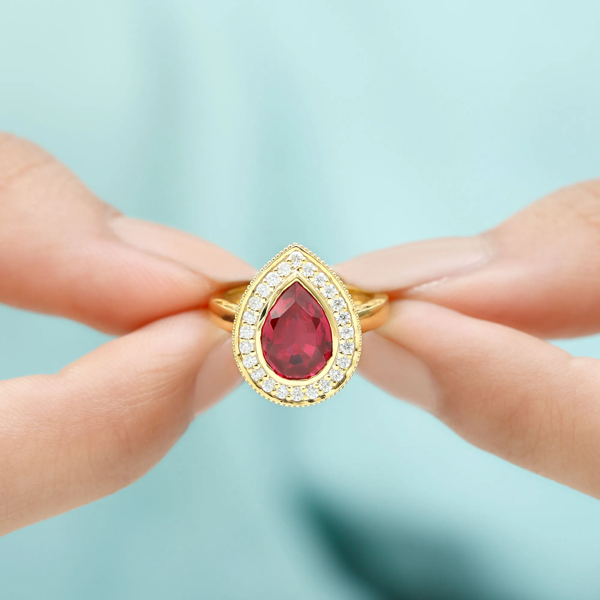 2 CT Pear Cut Created Ruby Solitaire Engagement Ring with Diamond Halo