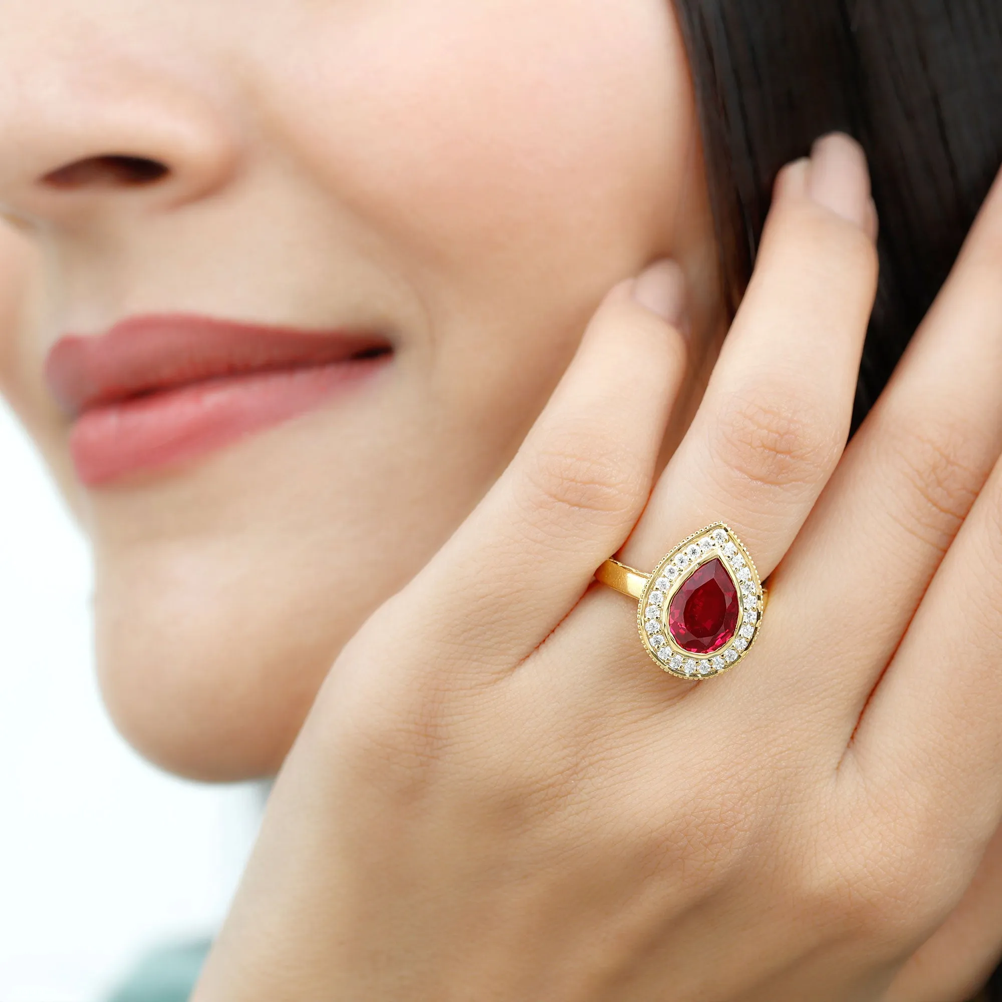 2 CT Pear Cut Created Ruby Solitaire Engagement Ring with Diamond Halo