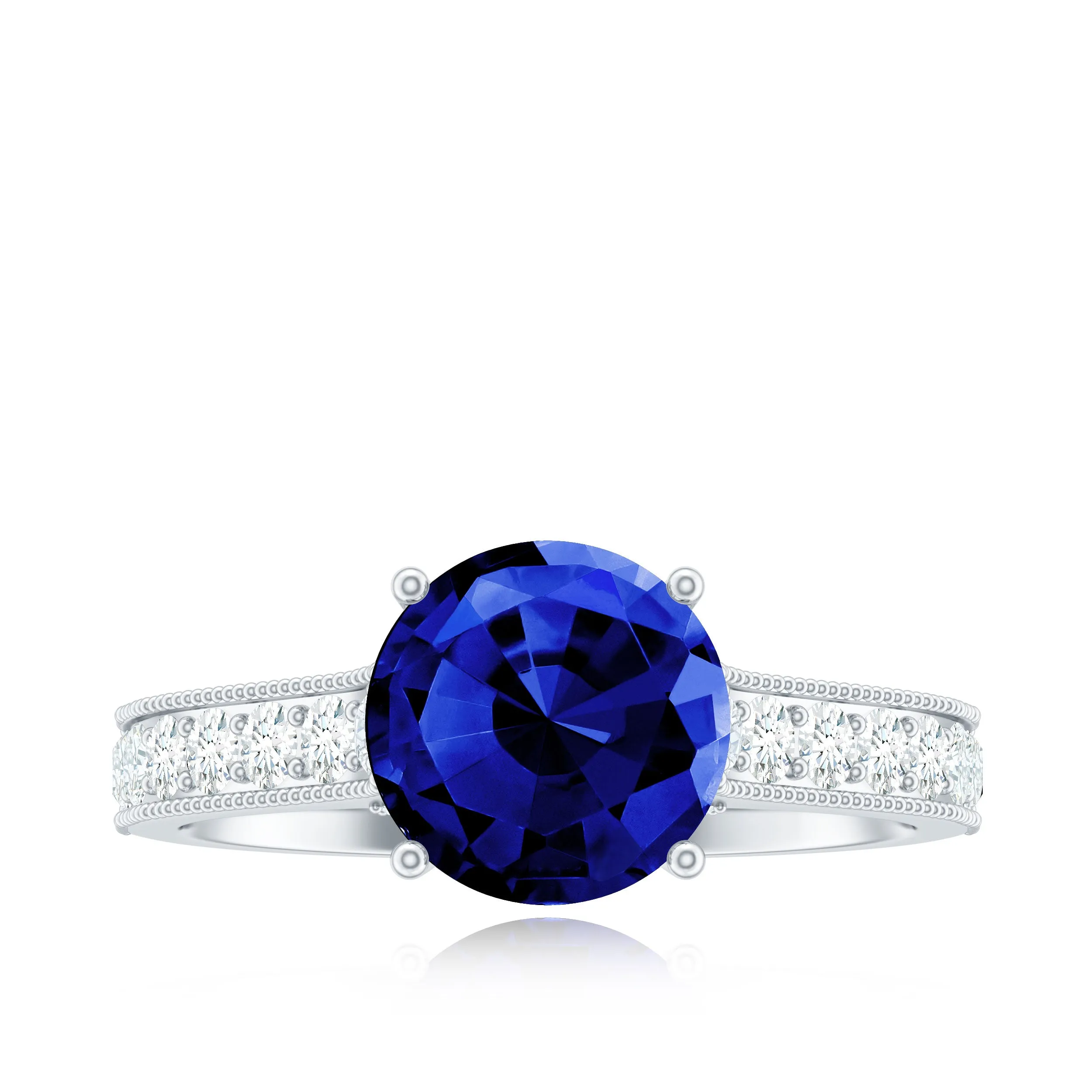 2.50 CT Created Blue Sapphire Solitaire Engagement Ring with Diamond and Milgrain Detailing
