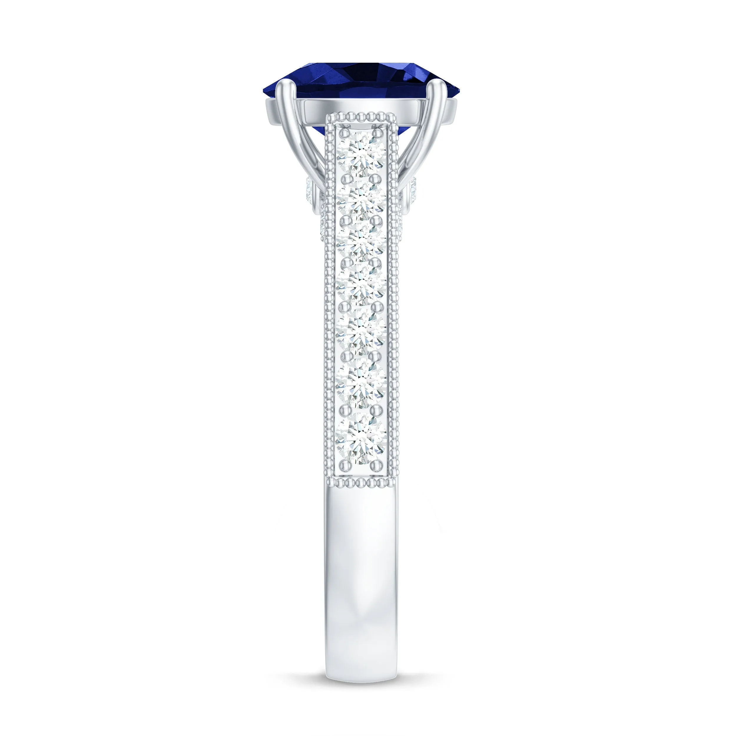 2.50 CT Created Blue Sapphire Solitaire Engagement Ring with Diamond and Milgrain Detailing