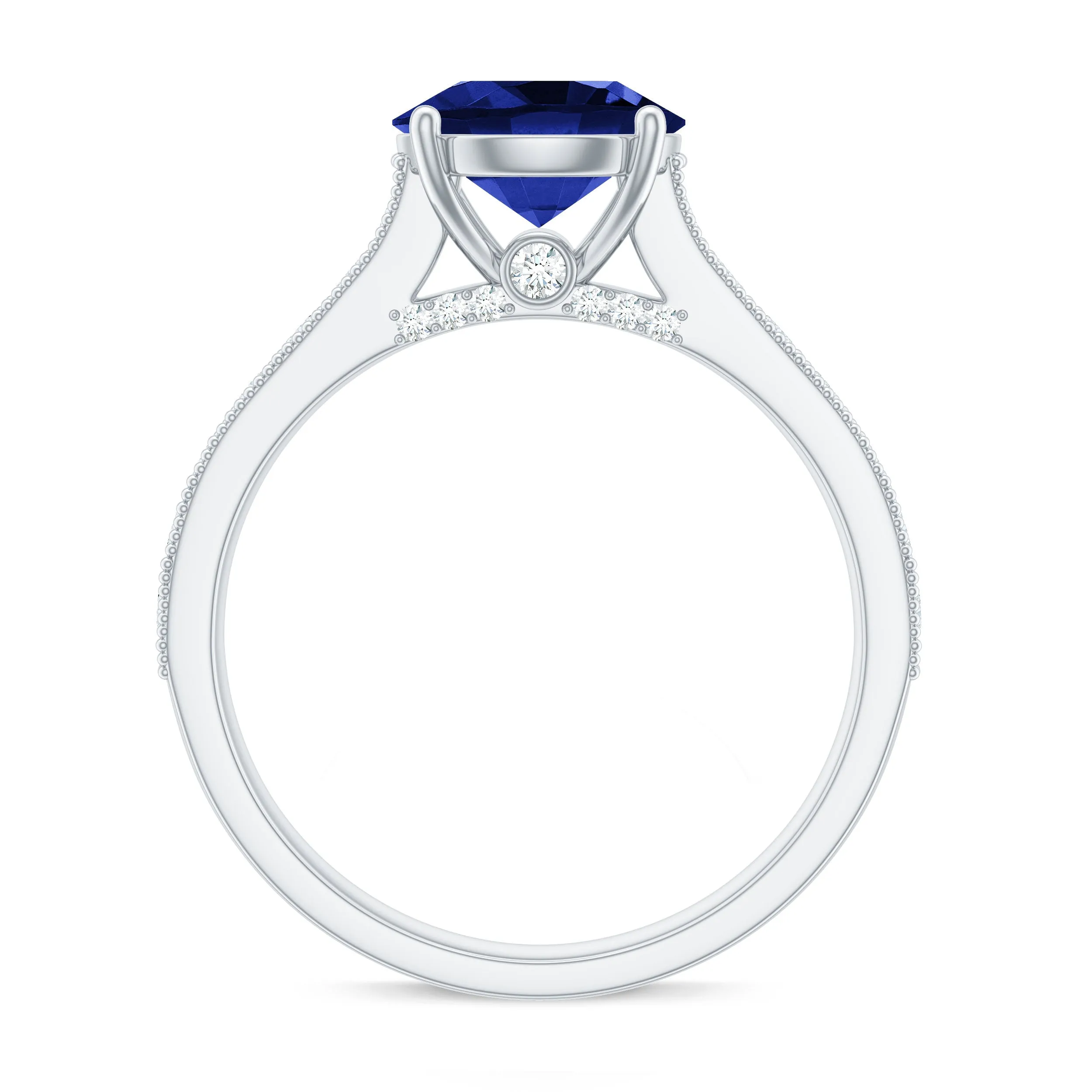 2.50 CT Created Blue Sapphire Solitaire Engagement Ring with Diamond and Milgrain Detailing