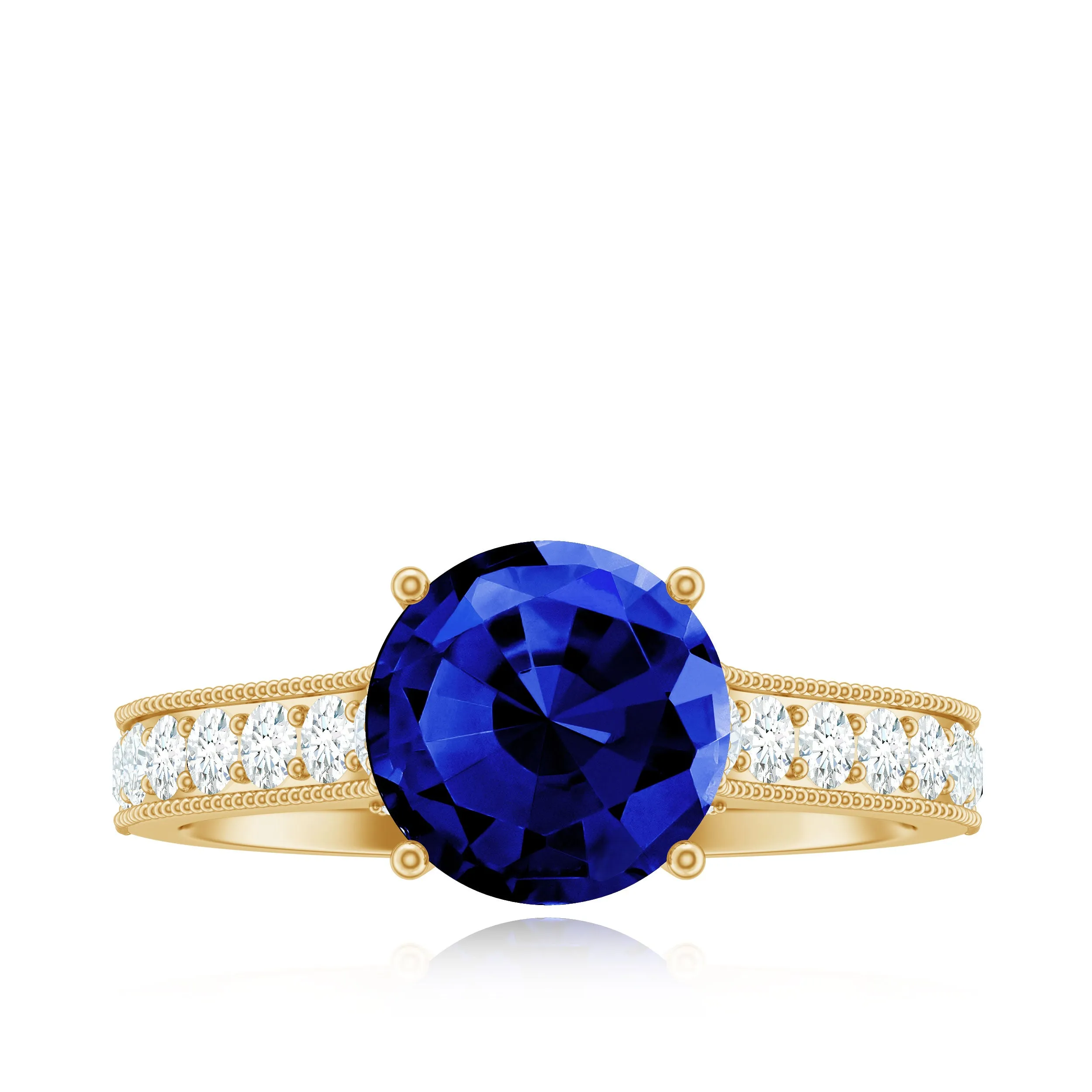 2.50 CT Created Blue Sapphire Solitaire Engagement Ring with Diamond and Milgrain Detailing