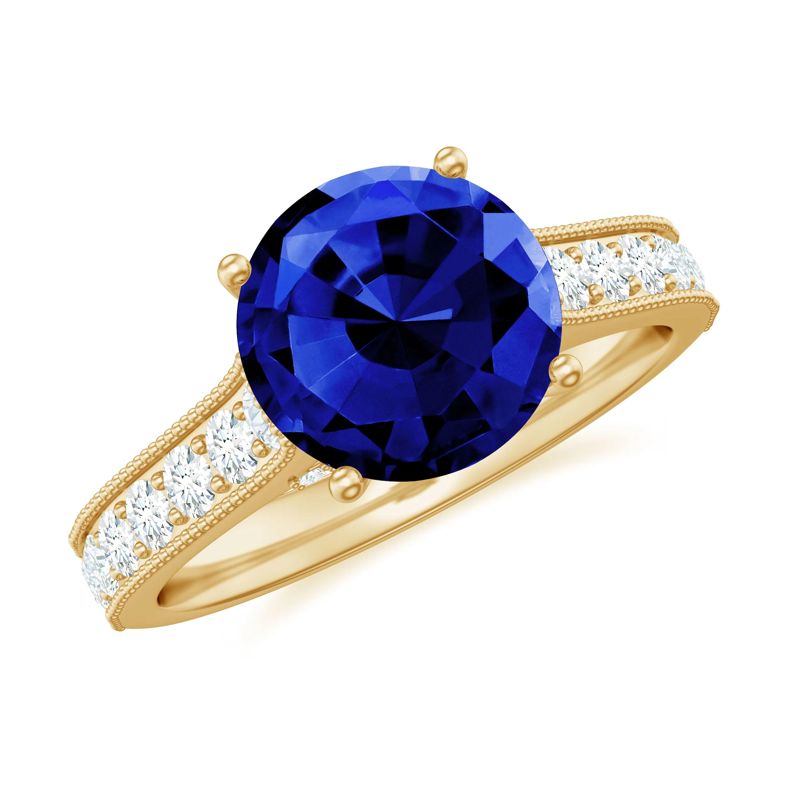 2.50 CT Created Blue Sapphire Solitaire Engagement Ring with Diamond and Milgrain Detailing