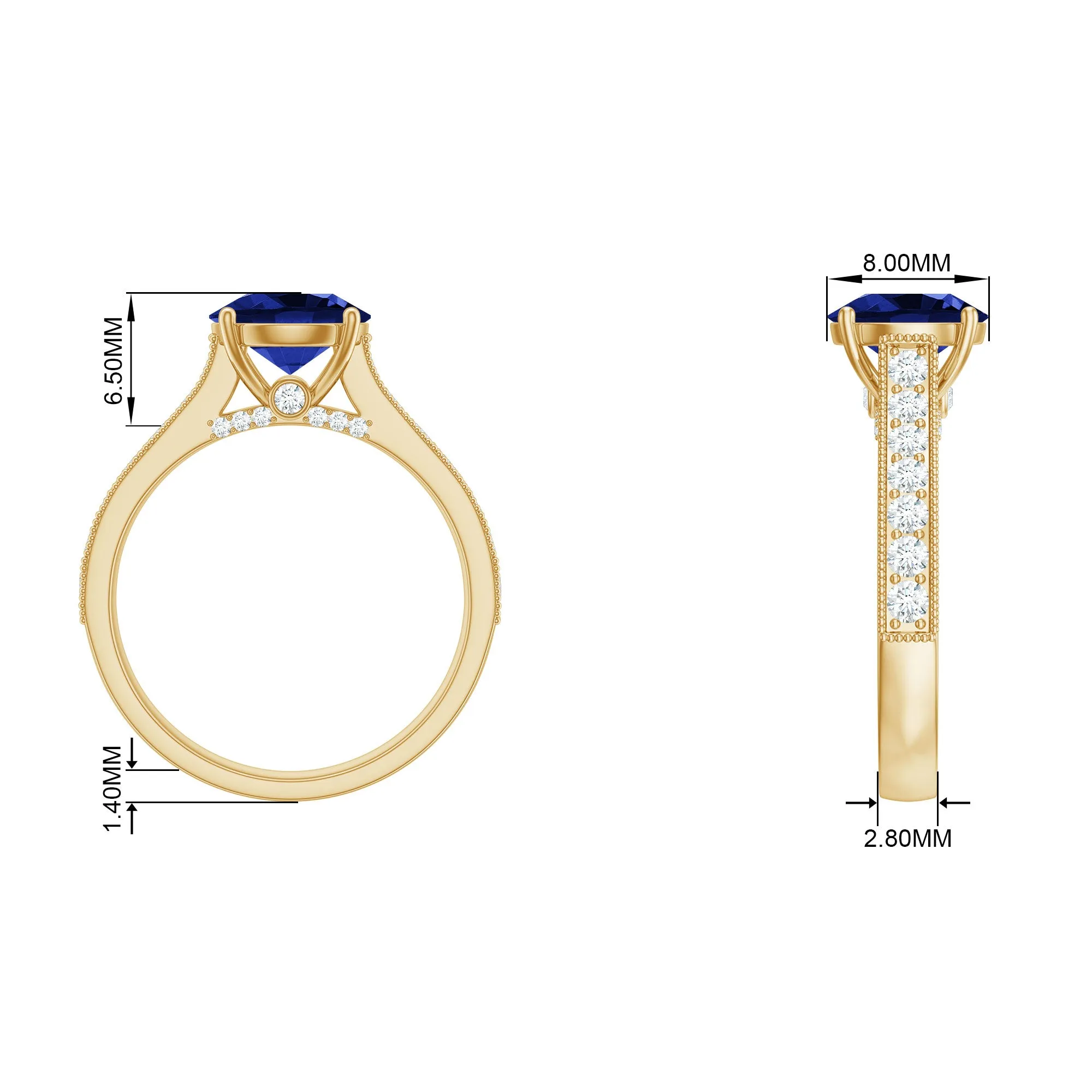 2.50 CT Created Blue Sapphire Solitaire Engagement Ring with Diamond and Milgrain Detailing