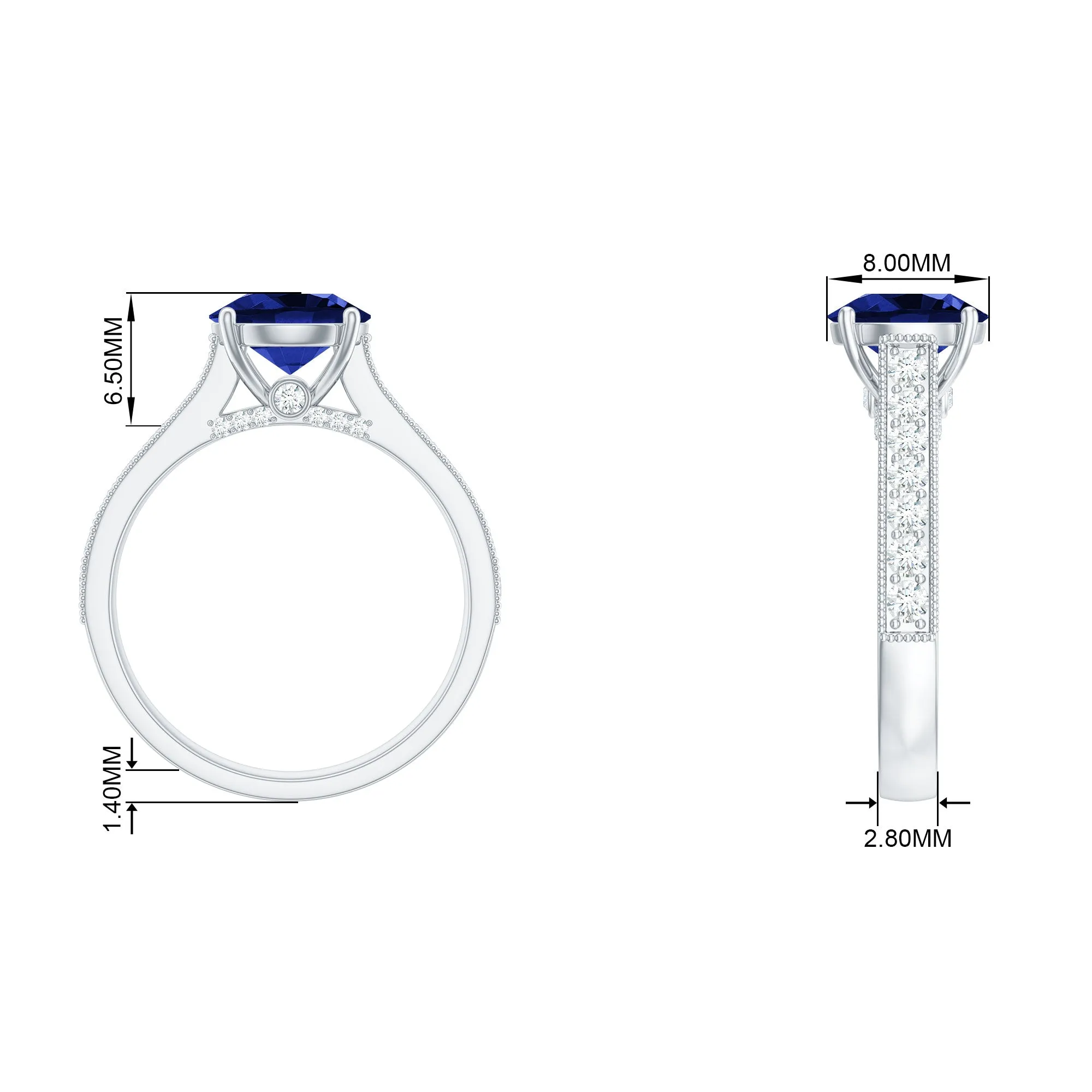 2.50 CT Created Blue Sapphire Solitaire Engagement Ring with Diamond and Milgrain Detailing