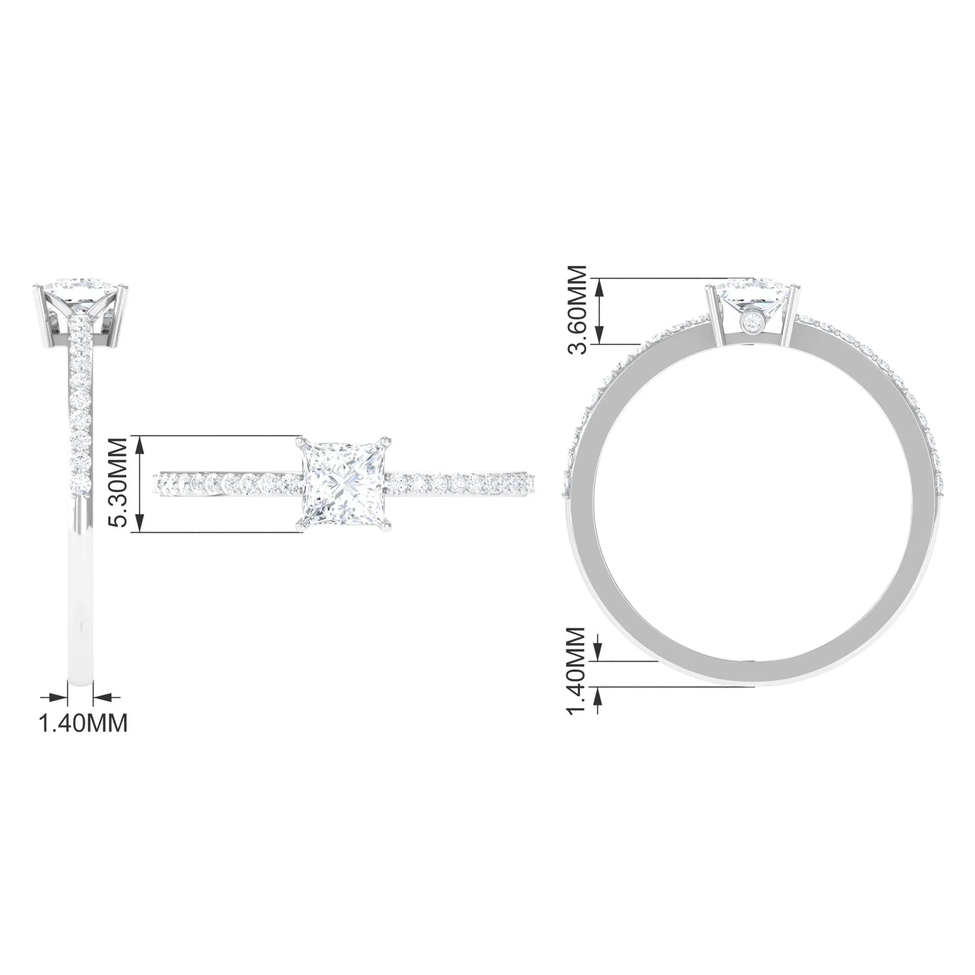 3/4 CT Princess Cut Zircon Solitaire Ring with Surprise and Side Stones