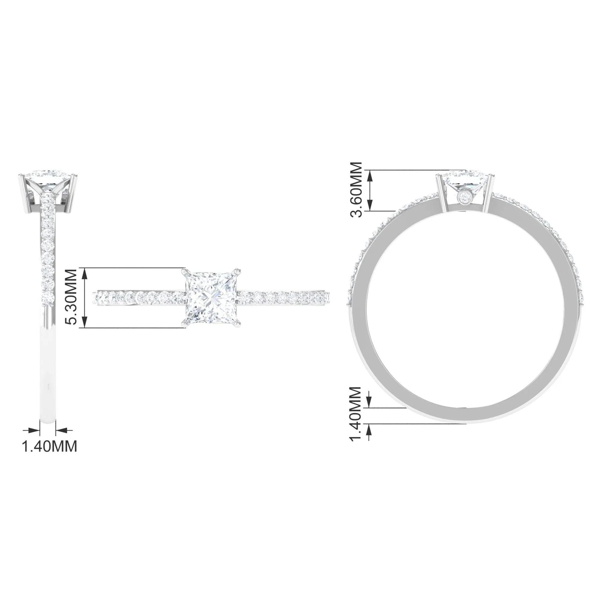 3/4 CT Princess Cut Zircon Solitaire Ring with Surprise and Side Stones