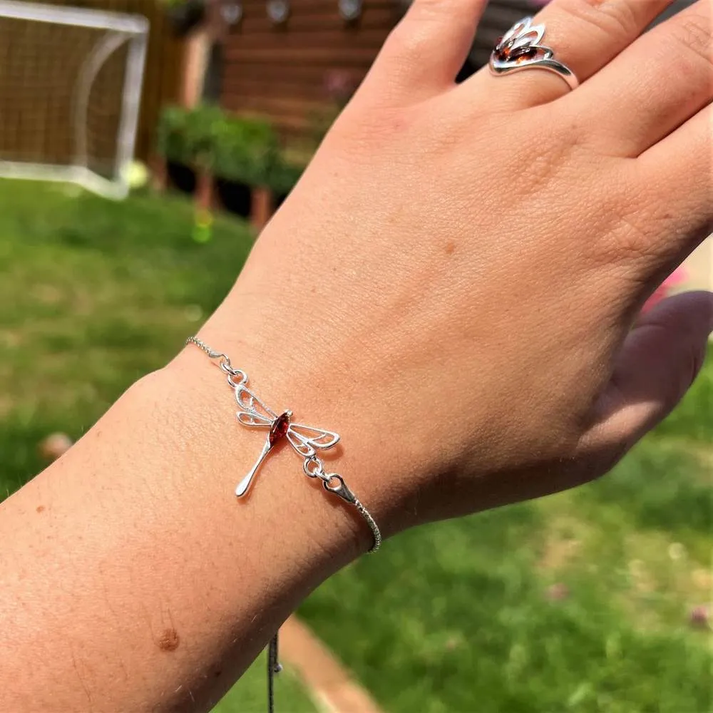 925 Sterling Silver & Baltic Amber Modern Dragonfly Adjustable Bracelet - AXB1