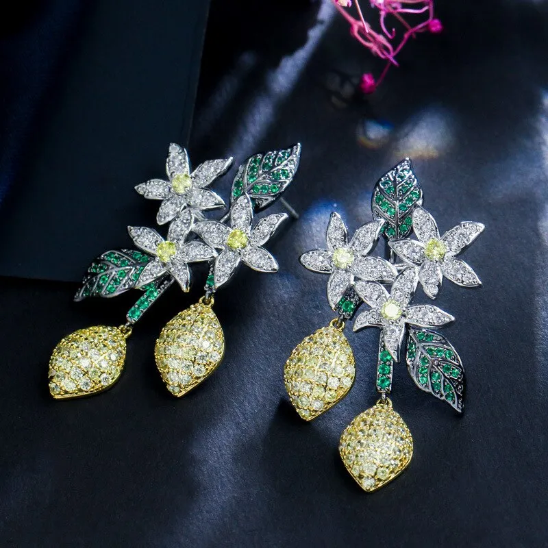 Beautiful Cubic Zircon Leaves Earrings for Wedding, Crystals Flower Dangle Earring for Prom, Women Girl Gift CE10774