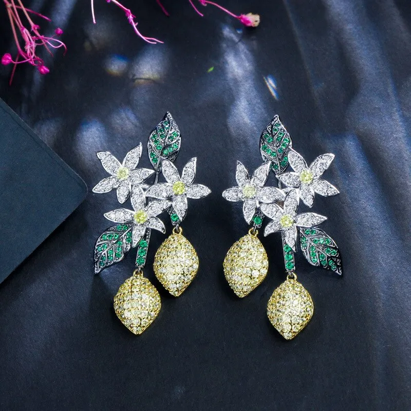Beautiful Cubic Zircon Leaves Earrings for Wedding, Crystals Flower Dangle Earring for Prom, Women Girl Gift CE10774