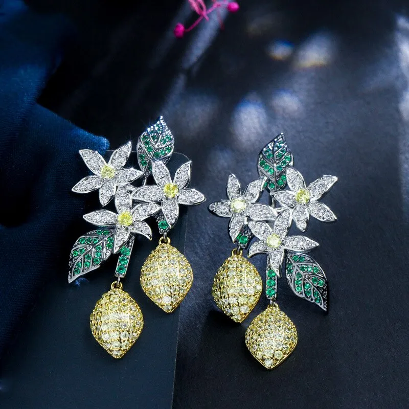 Beautiful Cubic Zircon Leaves Earrings for Wedding, Crystals Flower Dangle Earring for Prom, Women Girl Gift CE10774