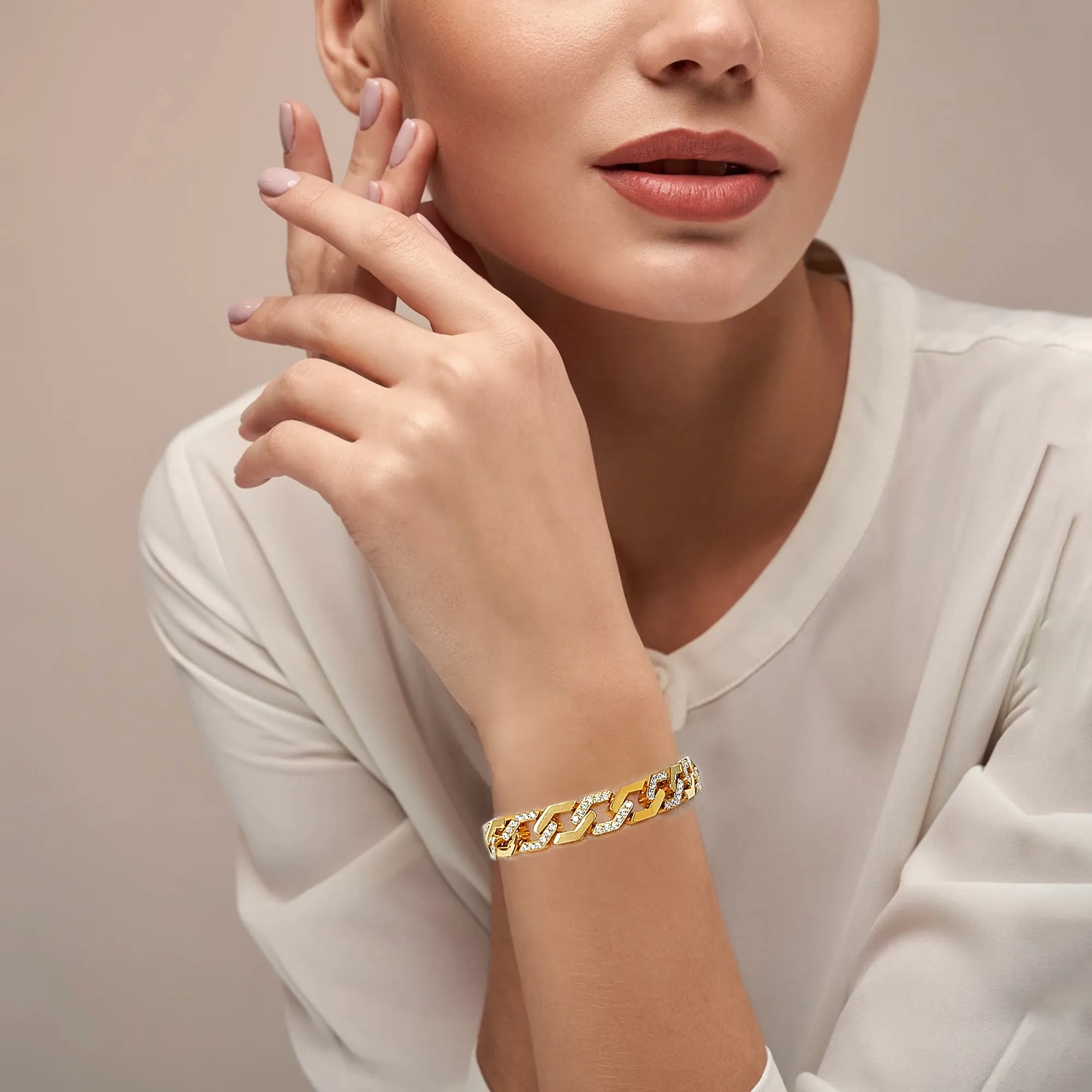 BG101G B.Tiff Pavé High Polish Gold Flat Angular Cuban Link Bracelet