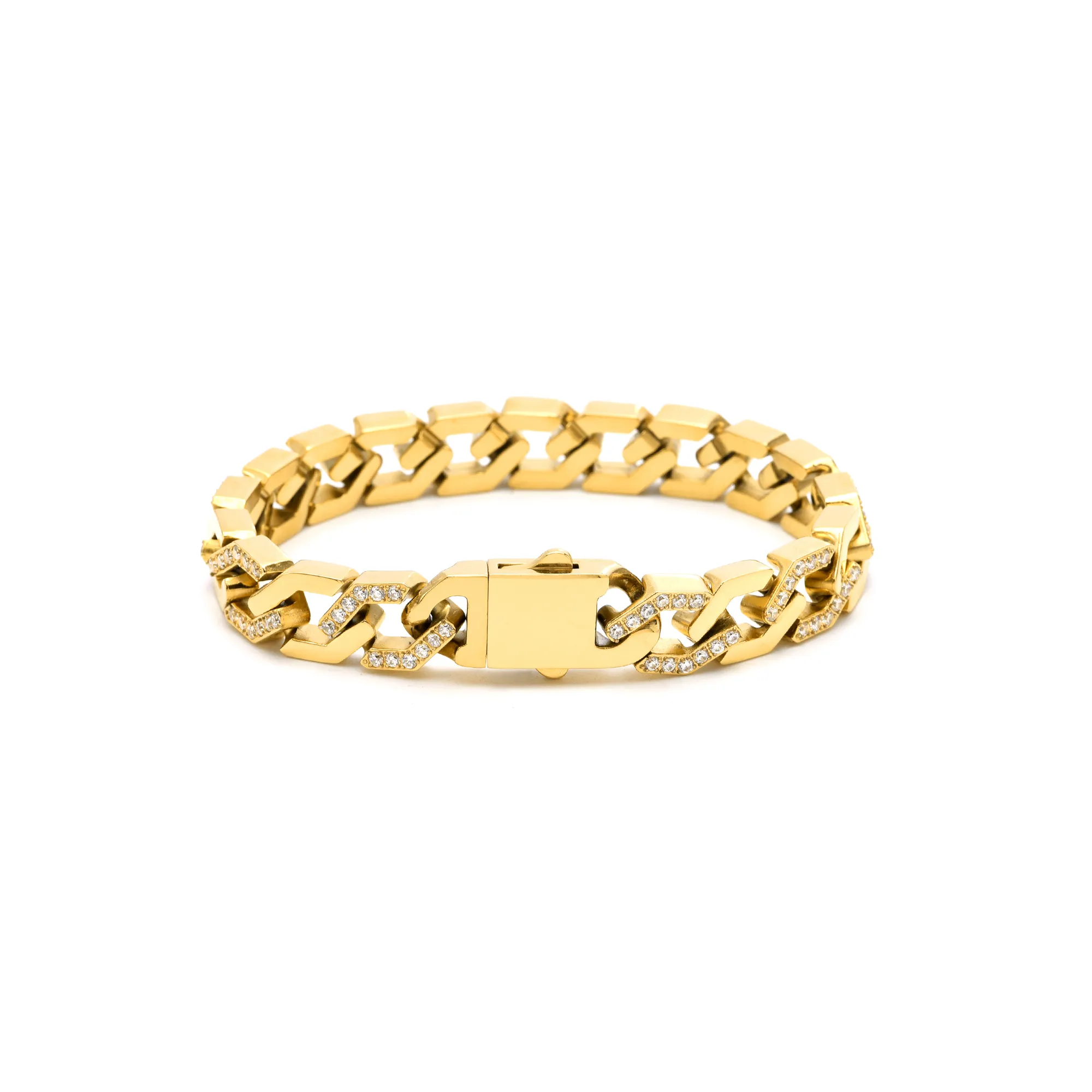 BG101G B.Tiff Pavé High Polish Gold Flat Angular Cuban Link Bracelet