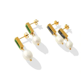 Black Zircon and Emerald Pearl Drop Earrings