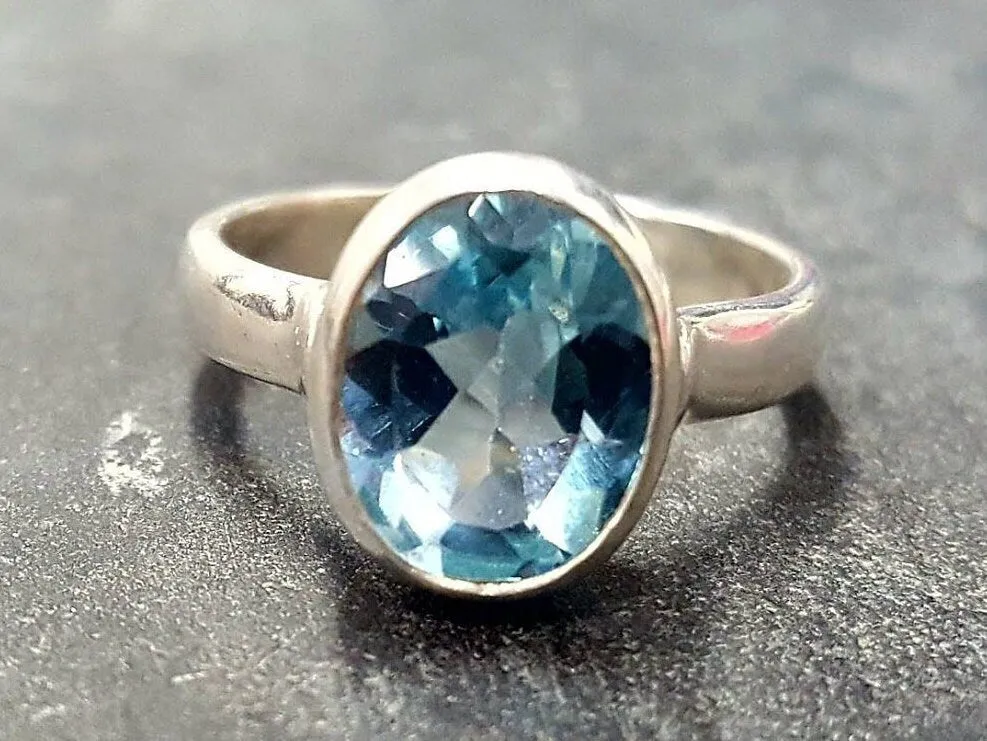 Blue Topaz Sky Ring - Genuine Topaz Ring - Blue Bezel Ring