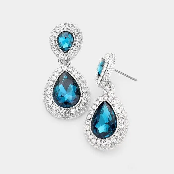 Blue Zircon Crystal Pave Silver Evening Earrings