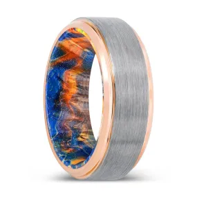 BOBCAT | Blue & Yellow/Orange Wood, Silver Tungsten Ring, Brushed, Rose Gold Stepped Edge