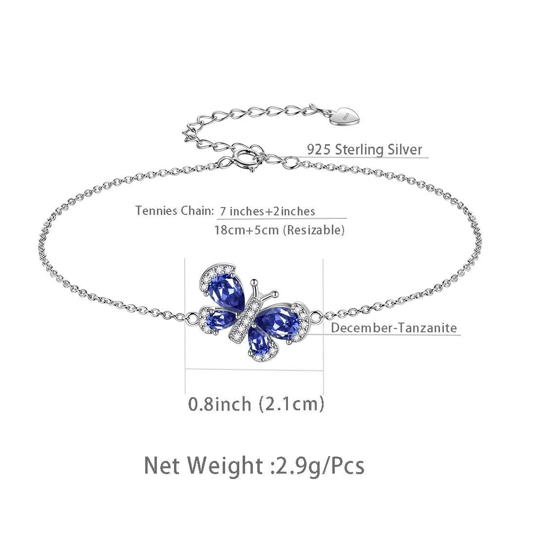 Butterfly Bracelet Birthstone December Tanzanite Crystal Women Girls Jewelry Birthday Gift