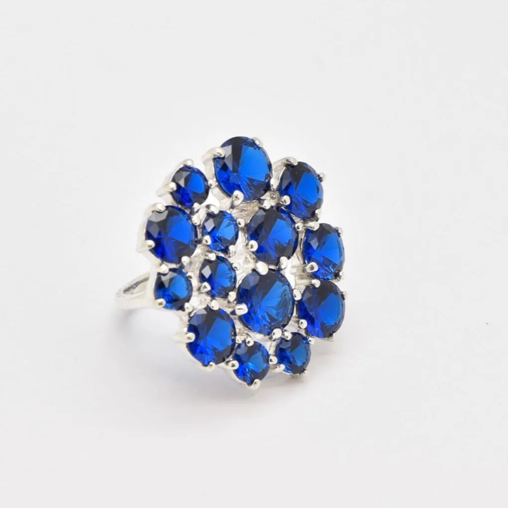 Cluster Sapphire Ring - Blue Cocktail Ring - Flower Statement Ring