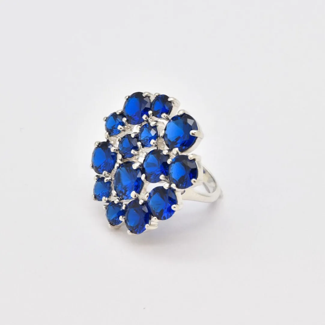 Cluster Sapphire Ring - Blue Cocktail Ring - Flower Statement Ring