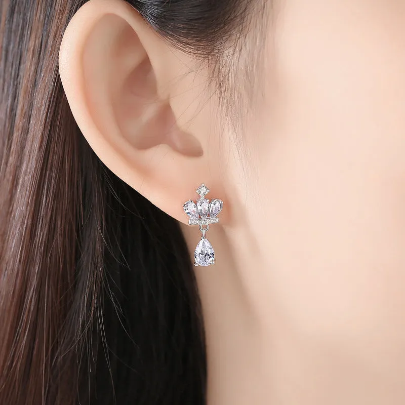 Crown with Pear Drop Zircon Silver Drop Earrings for Women