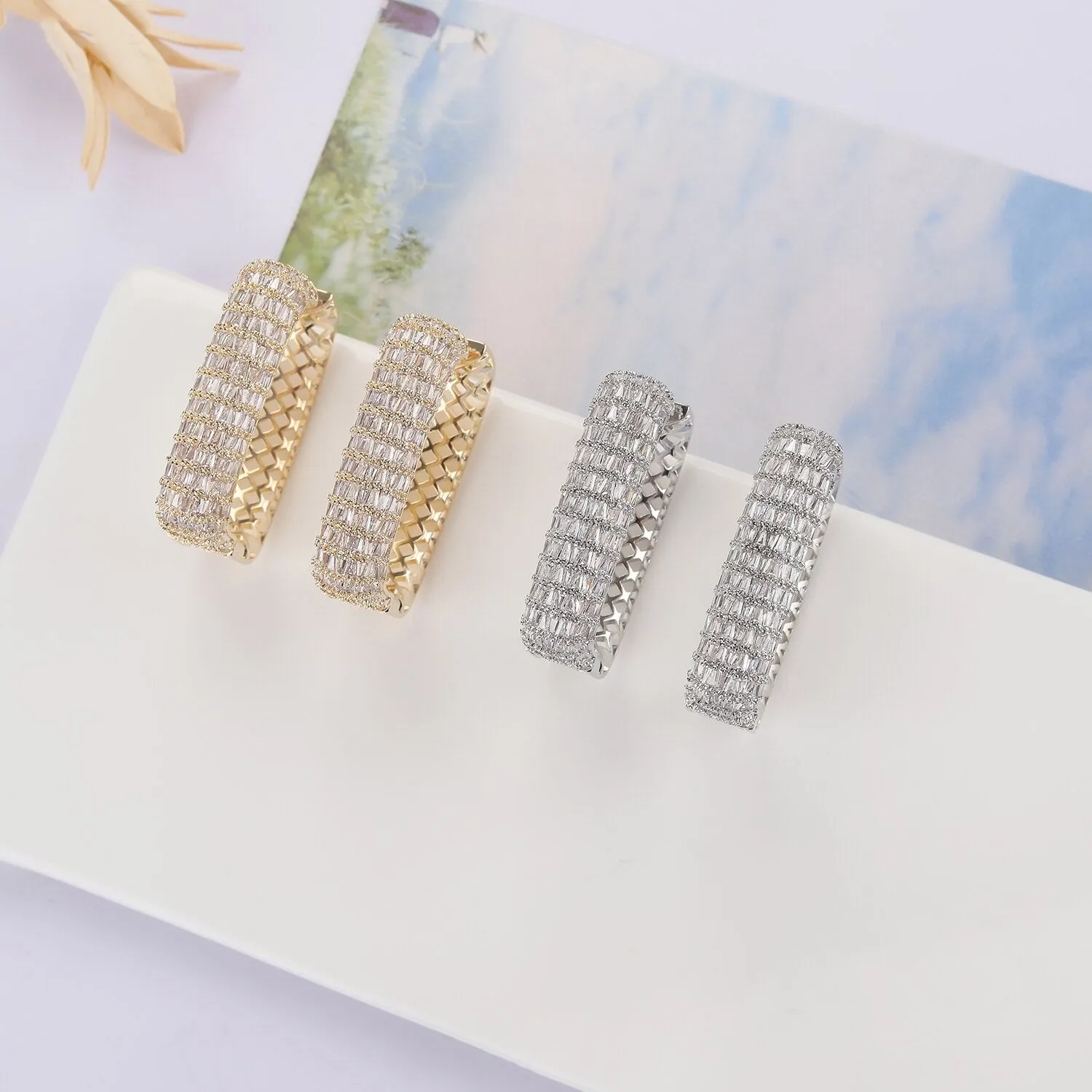 Cubic Zircon CZ Square Earrings for Wedding, Crystals Gold/Silver Earring for Bride, Women Girl Birthday Party Jewelry CE10865