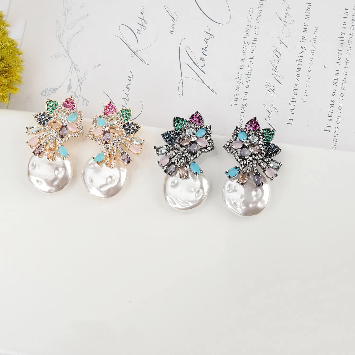 Cubic Zirconia Flower Earring for Wedding, Pearls Prom Dangler Jewelry for Women CE11937