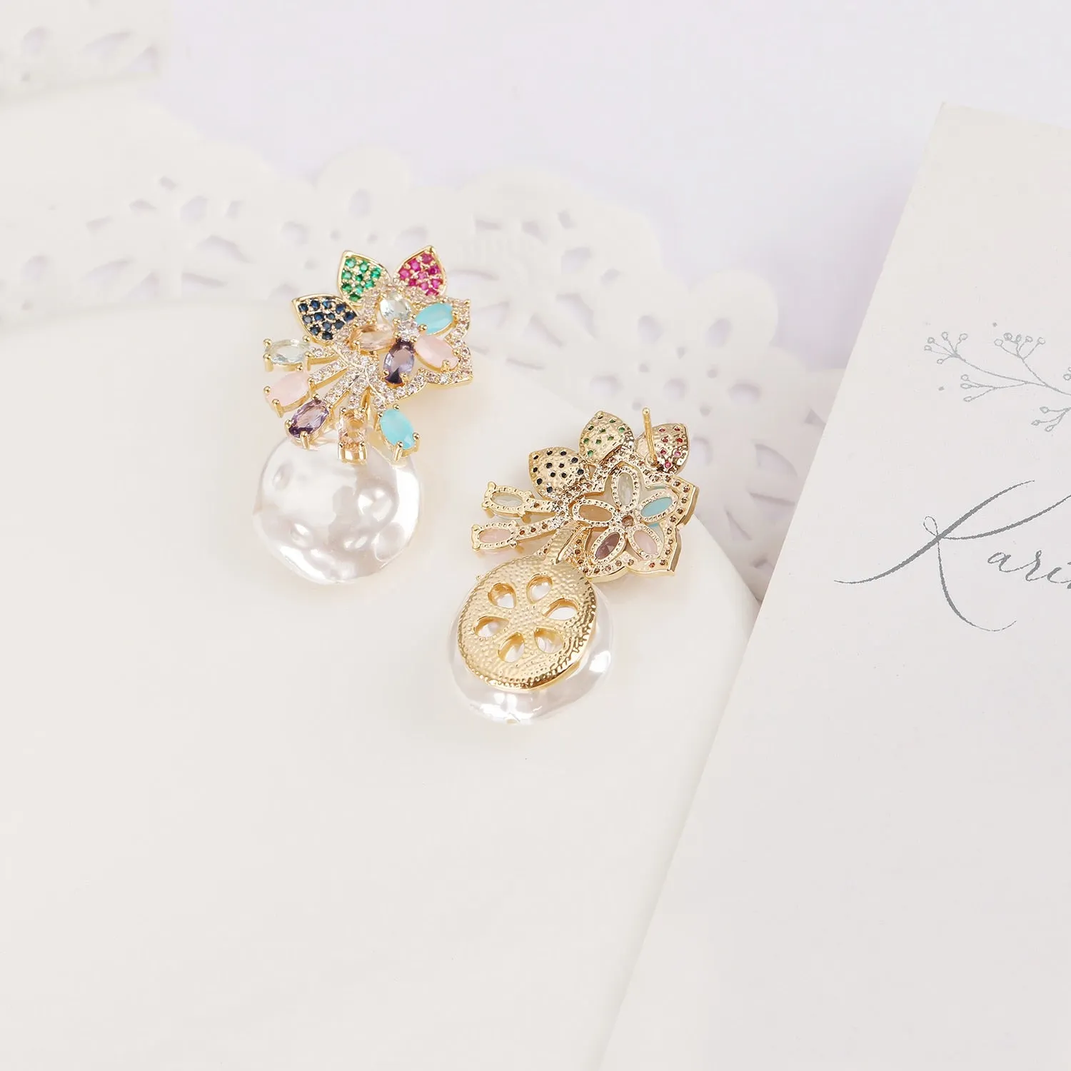 Cubic Zirconia Flower Earring for Wedding, Pearls Prom Dangler Jewelry for Women CE11937