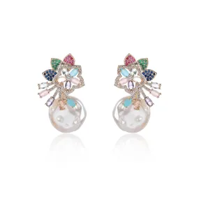 Cubic Zirconia Flower Earring for Wedding, Pearls Prom Dangler Jewelry for Women CE11937