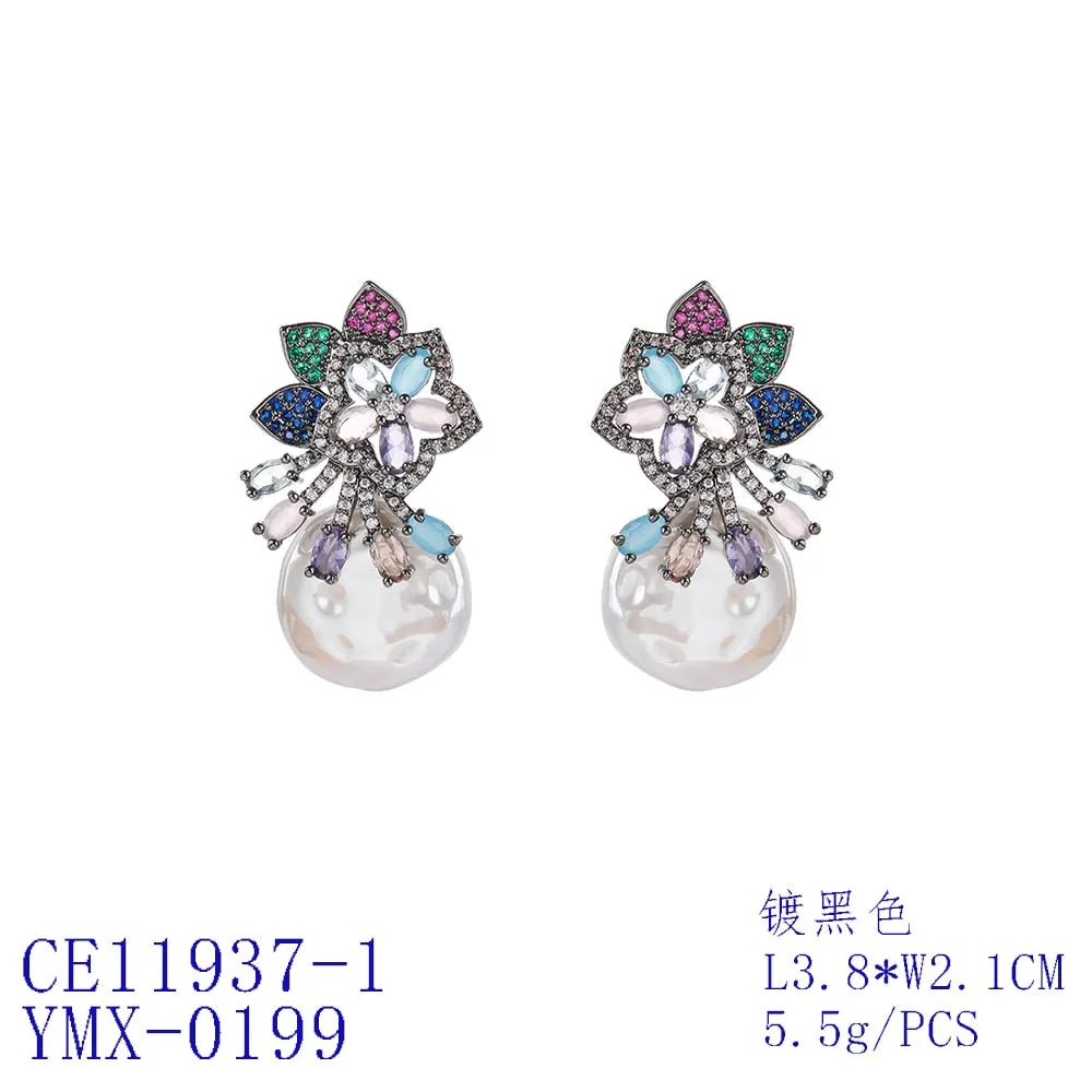 Cubic Zirconia Flower Earring for Wedding, Pearls Prom Dangler Jewelry for Women CE11937