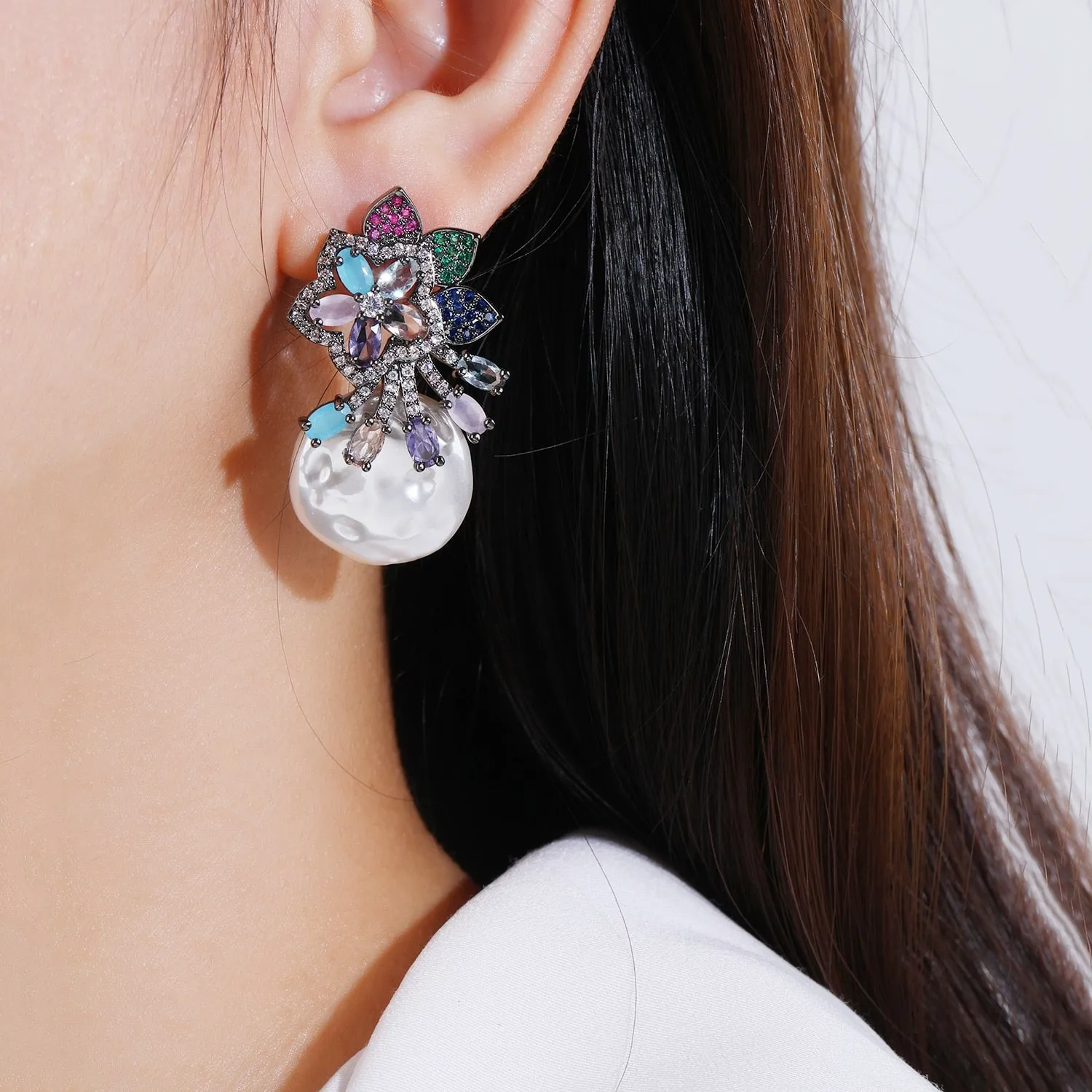 Cubic Zirconia Flower Earring for Wedding, Pearls Prom Dangler Jewelry for Women CE11937