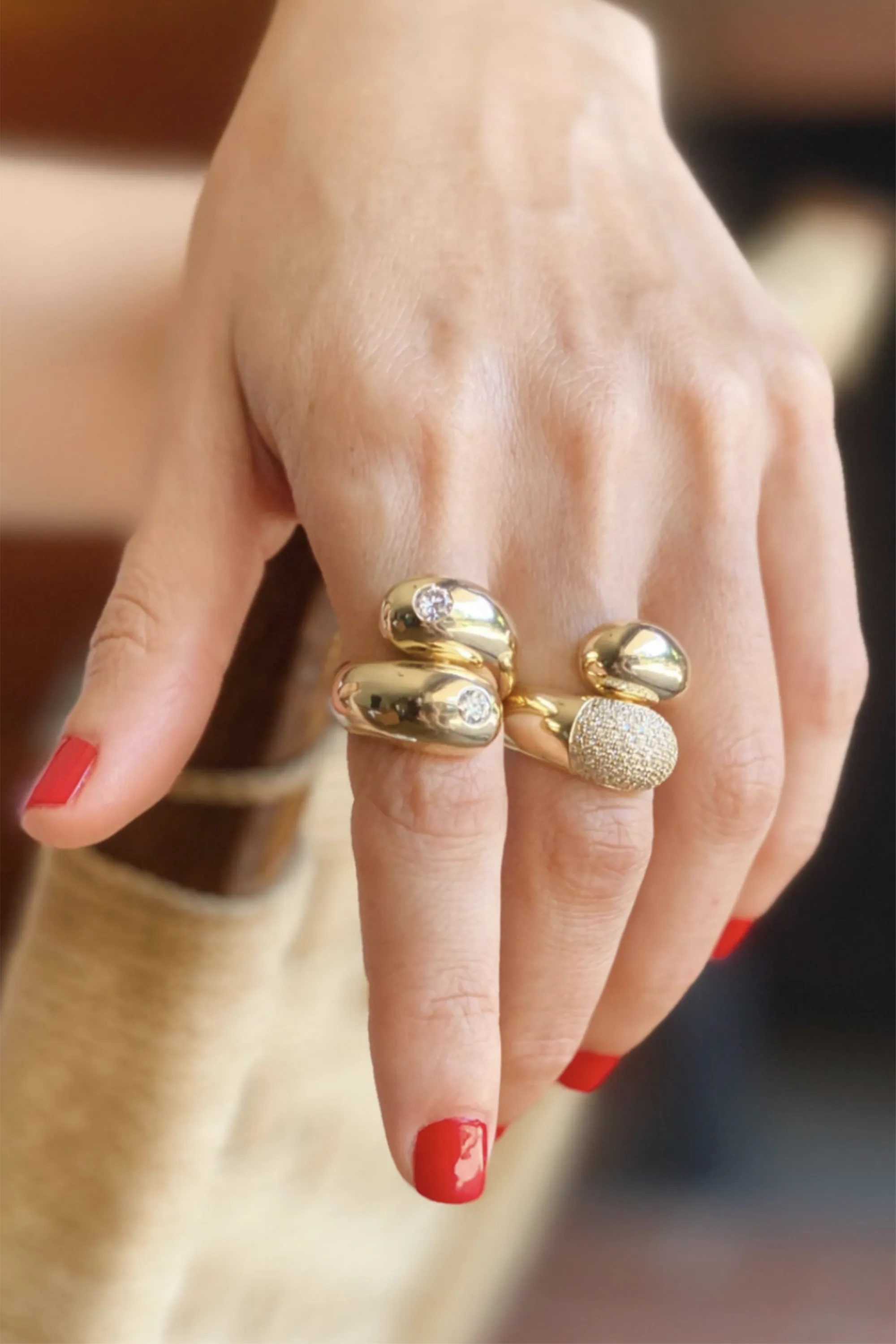Double Apse Ring with Double Bezel Diamonds, Yellow Gold