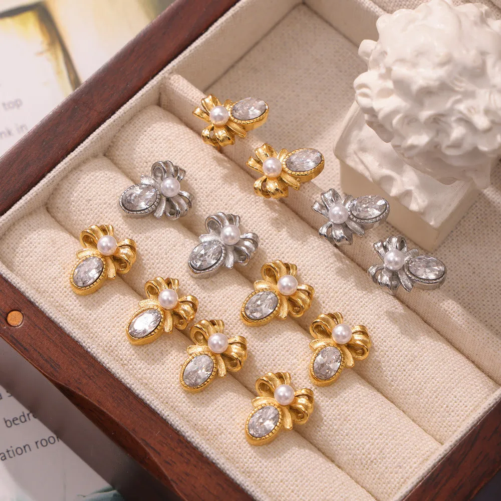 Elegant Lace Bow Stud Earrings with Zircon Detail