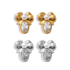 Elegant Lace Bow Stud Earrings with Zircon Detail