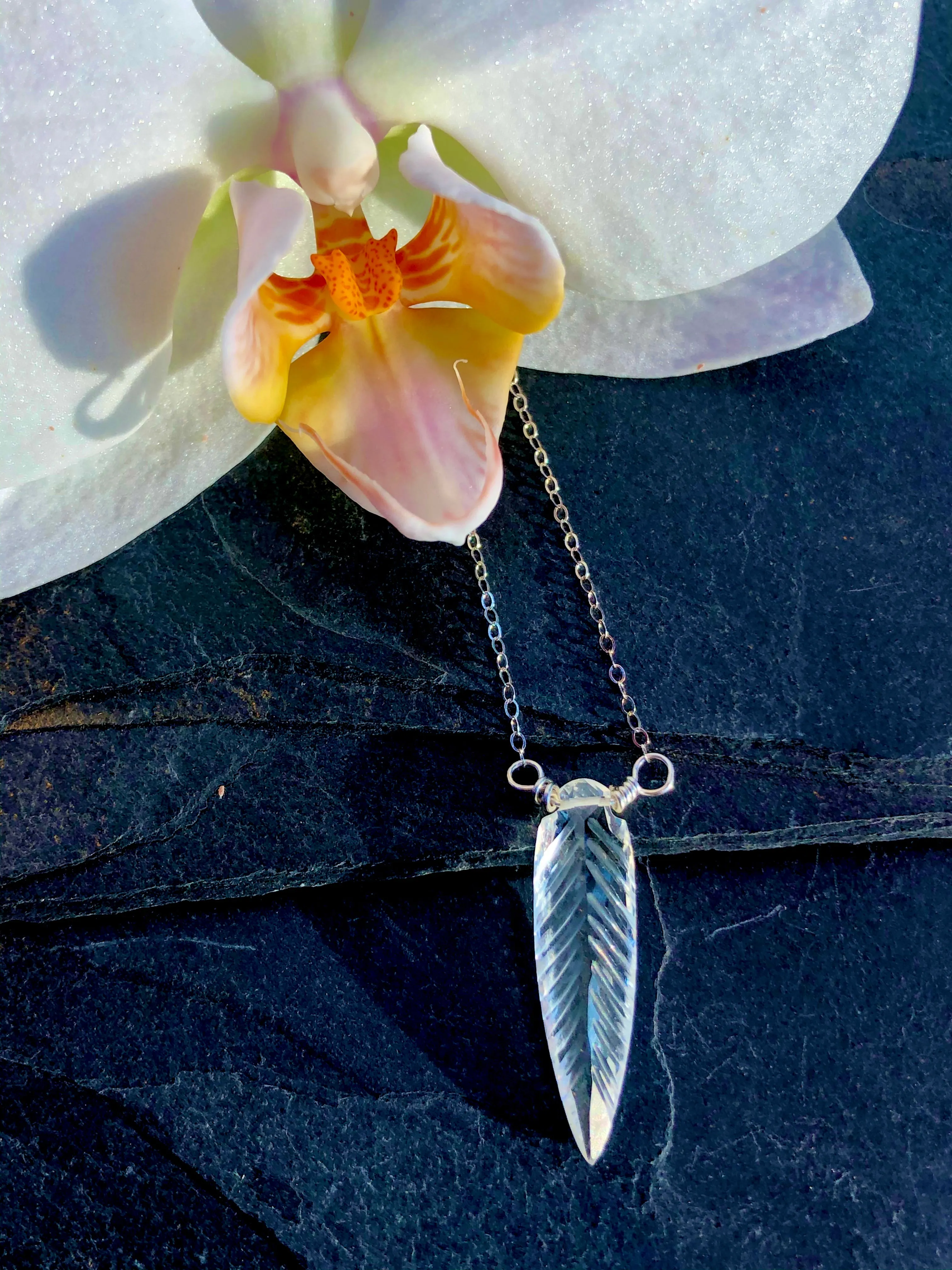 Elegant Silver Marquis Quartz Feather necklace