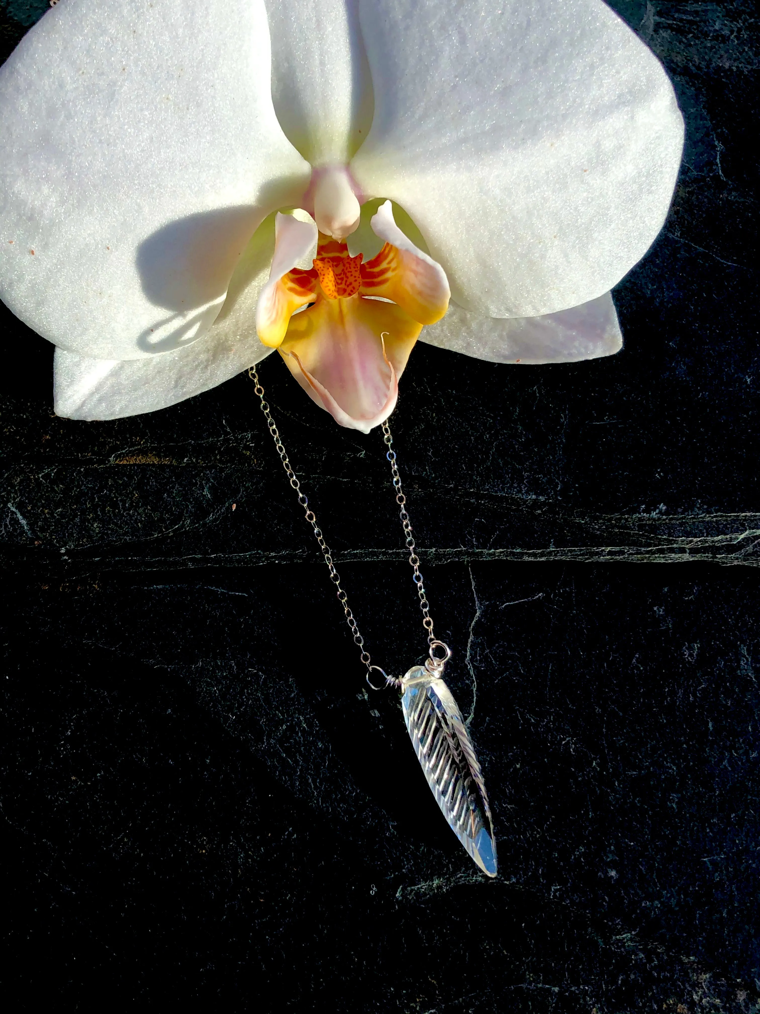 Elegant Silver Marquis Quartz Feather necklace