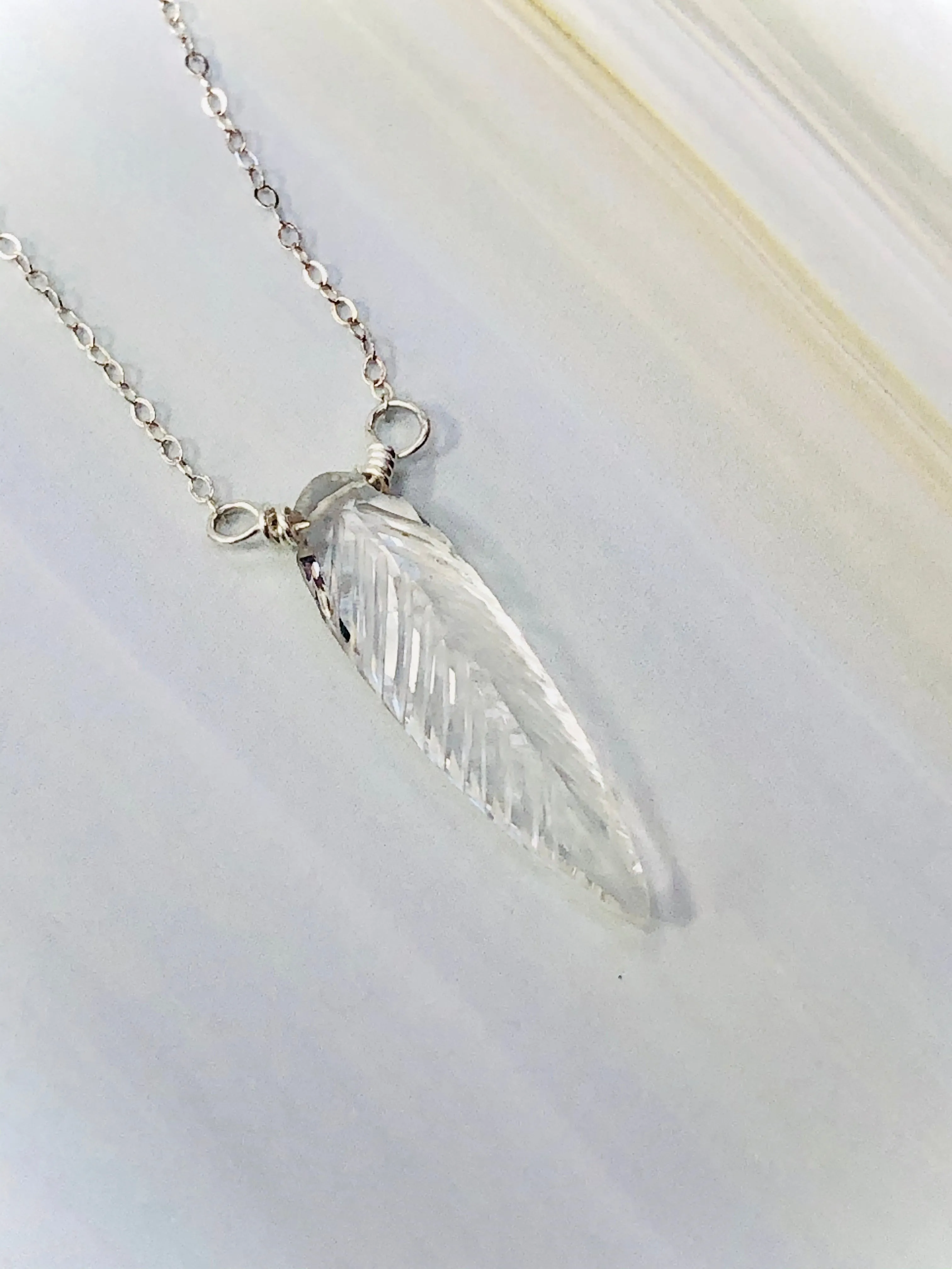 Elegant Silver Marquis Quartz Feather necklace