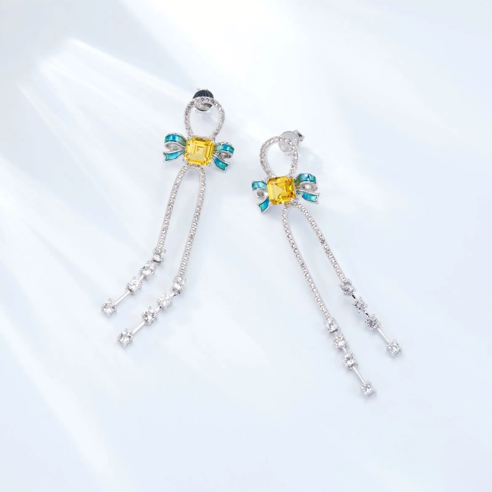 Enamel Bow Yellow Zircon Drop Earrings