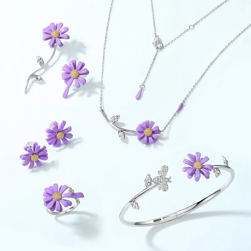 Enamel Purple Daisy Zircon Asymmetrical Sterling Silver Earrings